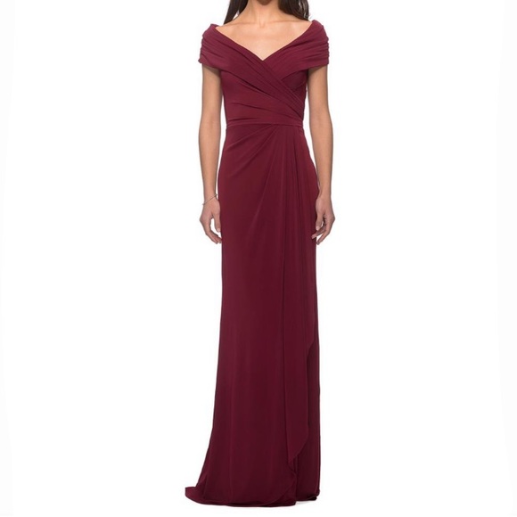 La Femme Burgundy Wine Ruched Jersey Dress Gown 26519